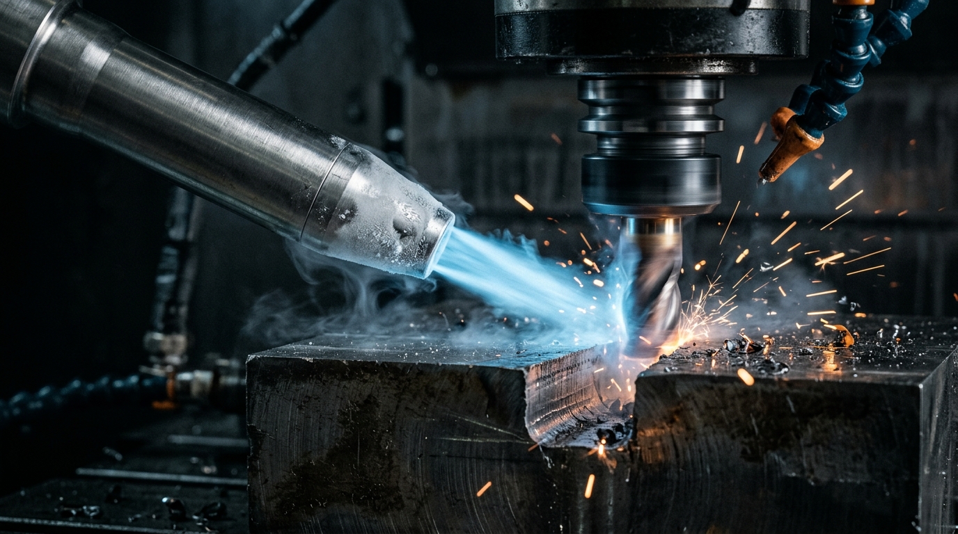 Wirbelrohr Kaltluftdüse zur punktgenauen Werkzeugkühlung und Spanabfuhr an einer CNC Maschine